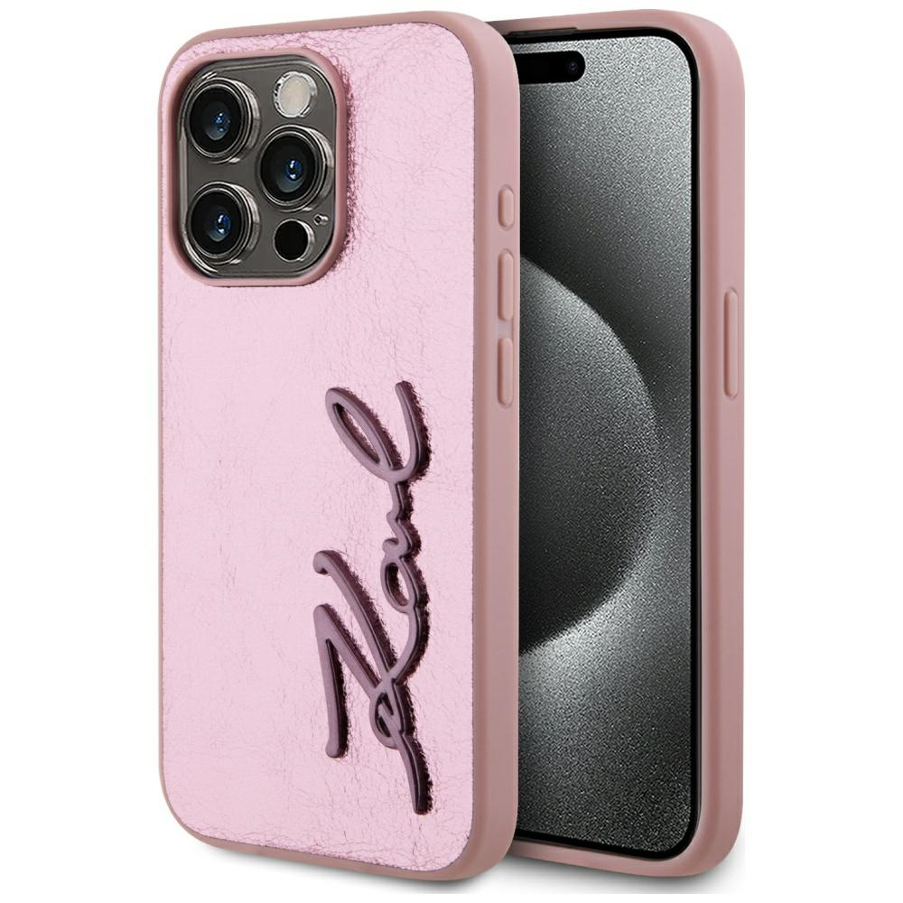 Karl Lagerfeld - Hardcase Leather (KLHCP15LPFMFBKMP) - iPhone 15 Pro - Pink Metal Signature KF2348059