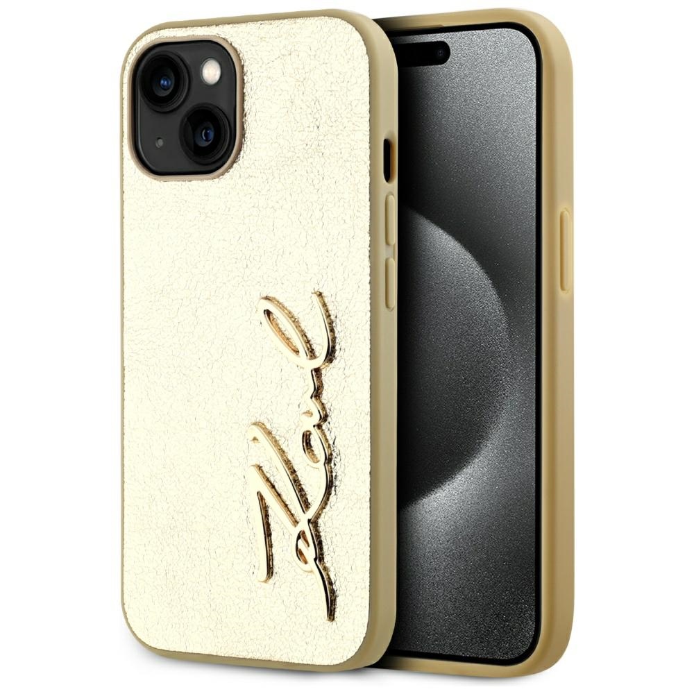 Karl Lagerfeld - Hardcase Leather (KLHCP15SPFMFBKMD) - iPhone 15 - Gold Metal Signature KF2348061