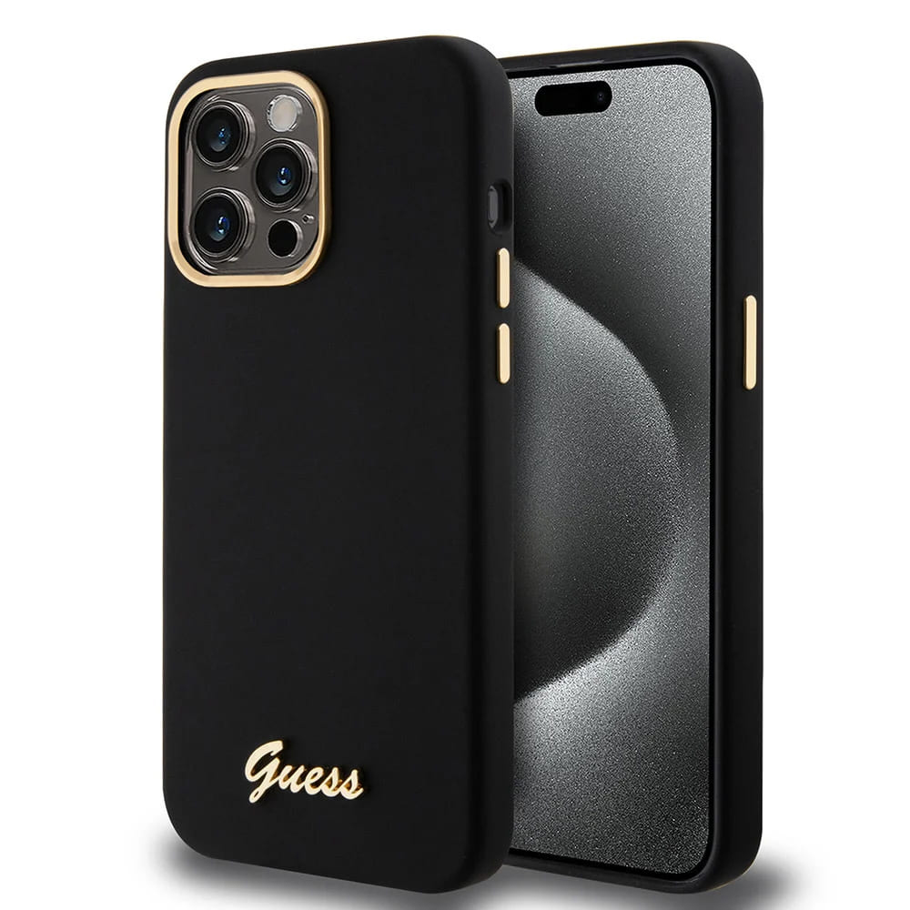 Guess - Silicone Script Metal Logo & Frame kryt na iPhone 15 Pro Max - Čierna KF2339869