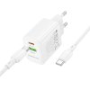 Borofone - Wall Charger Fuente (BN27) - USB-C Cable Included, USB + USB-C, PD20W, QC3.0, GaN Technology - White
