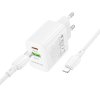 Borofone - Wall Charger Fuente BN29 sieťová nabíjačka (USB-C – Lightning kábel v balení, USB + USB-C, PD30W, QC3.0, GaN technológia) - biela