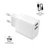 Fixed - Wall Charger sieťová nabíjačka (2× USB, cestovný rozmer, 17W, USB-C kábel 1 m) - biela