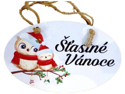 Vánoční dřevěná dekorace - ovál "Šťastné Vánoce - sovičky" 18x11cm