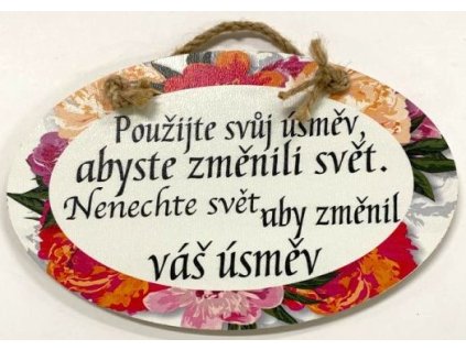 Dřevěná dekorace "Použijte svůj úsměv, abyste změnili svět..." 23x14cm