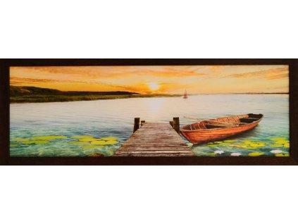 Obraz na desce v rámu "Molo a loďka" 90x30cm