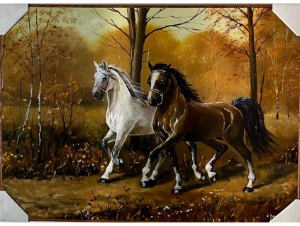 Obraz "Koně na polní cestě" - tisk na papír na MDF desku, 70 x 50cm