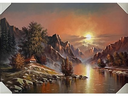 Obraz "Chata u řeky" - tisk na papír na MDF desku, 70 x 50cm