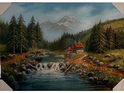 Obraz "Dům u řeky" tisk na papír na MDF desku, 70 x 50cm