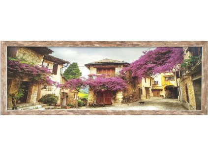 Obraz na desce v rámu "Rozkvetlá fialová ulička" 90x30cm