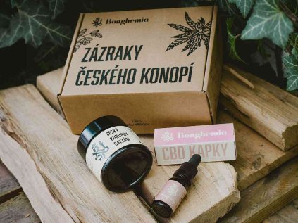 CBD balíček pro ženy Bonghemia — obsahuje 15 % „Ženská jemnost“ CBD kapky s pupalkovým olejem, mátou a bazalkou + český konopný balzám pro harmonii těla i mysli