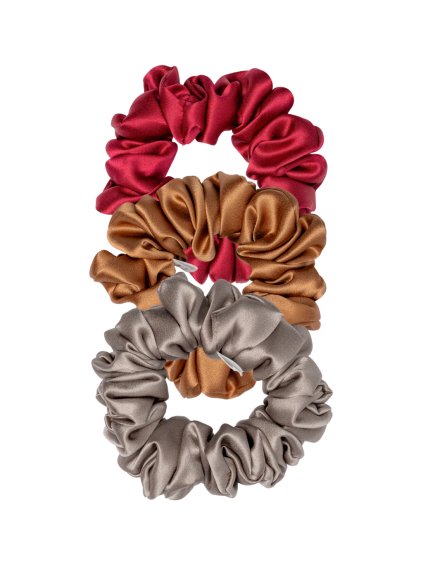 Set hedvábných scrunchies gumiček normální - malinová, koňaková, taupe