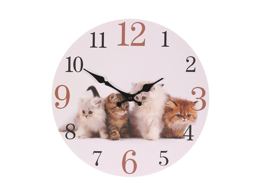 BONTEC Hodiny nástenné - mačiatka, MDF, 34 cm (Farba Biela)