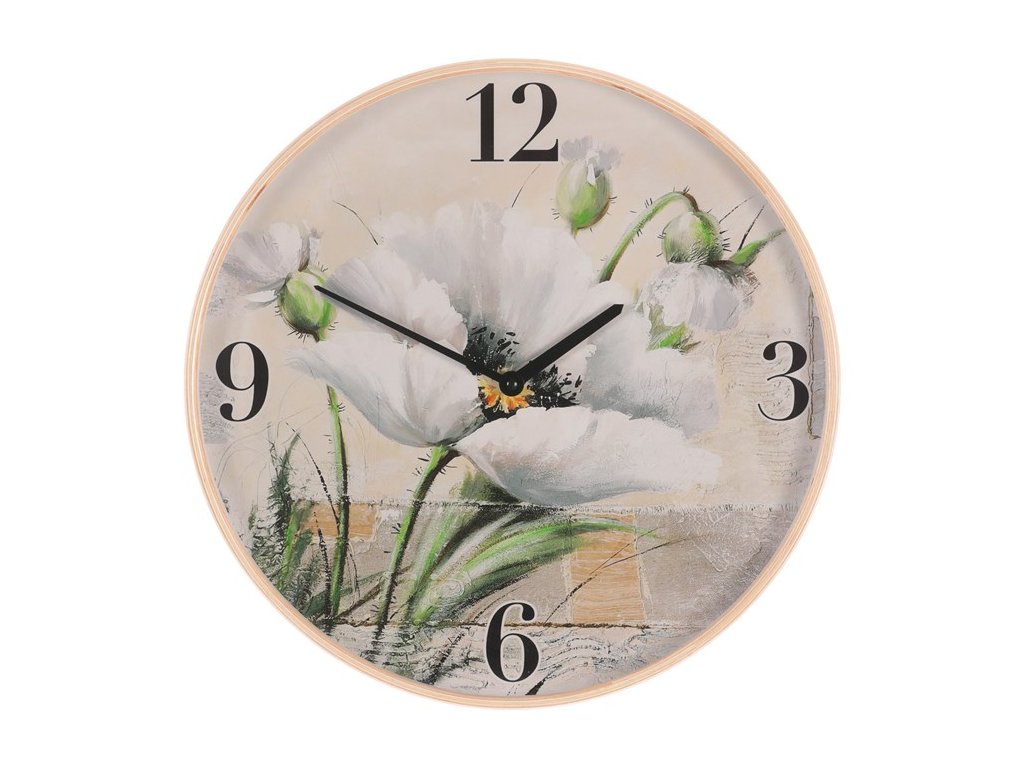 BONTEC Hodiny nástenné - kvitnúci mak, MDF s dreveným rámom, 40 cm (Farba Viacfarebná)