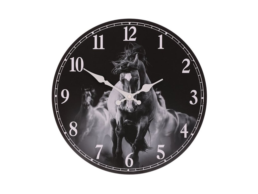BONTEC Hodiny nástenné - kone, MDF, čiernobiele, 34 cm (Farba Čierna)