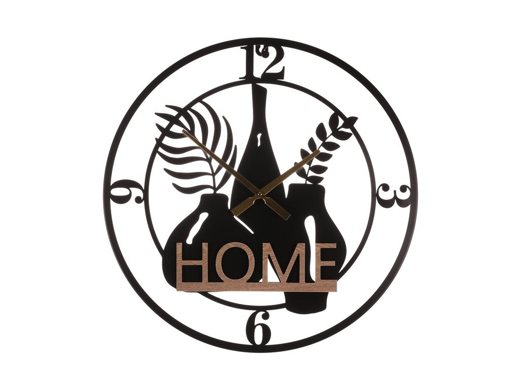 BONTEC Hodiny nástenné - "HOME", kov a MDF, čierne, 60 cm (Farba Čierna)
