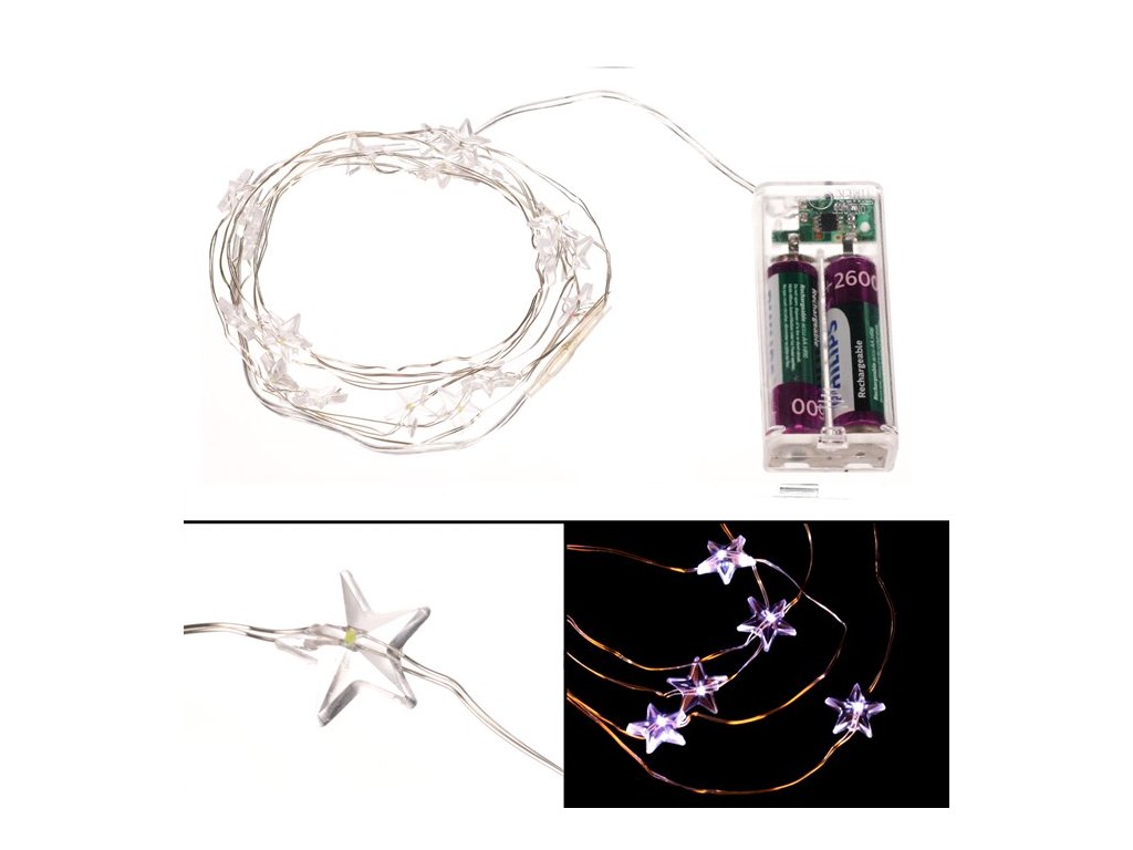 BONTEC Reťaz s LED svetielkami - časovač, hviezdičky, studená biela farba, 2 m/20 LED (Farba Biela)