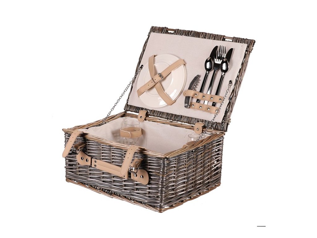 BONTEC Kôš piknikový - s vybavením pre 2 osoby, prútený, farba šedá (Farba Šedá)