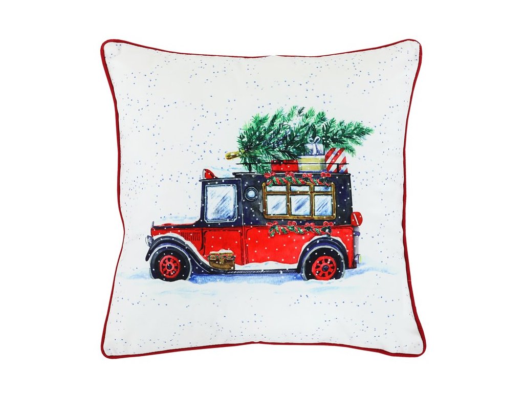 BONTEC Vankúš zamatový s výplňou, biely - vianočné auto, 100% polyester, 45 x 45 cm (Farba Biela)