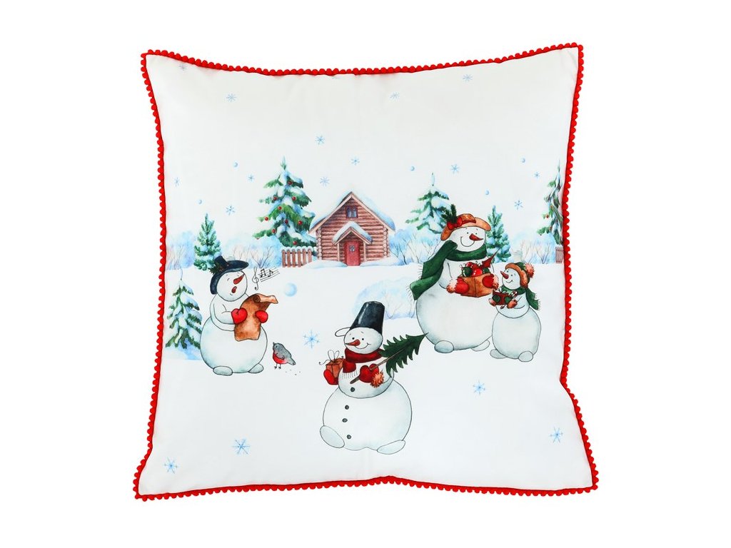 BONTEC Vankúš zamatový s výplňou, biely - so snehuliakmi, 100% polyester, 45 x 45 cm (Farba Biela)