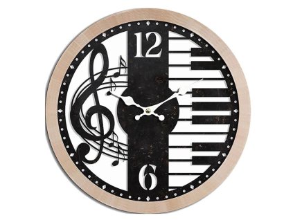 BONTEC Hodiny nástenné - pr. 60 cm, MDF a kov, husľový kľúč a klávesy (Farba Čierna)