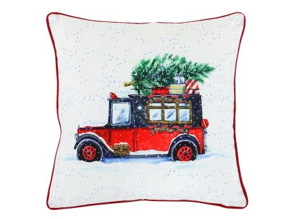 BONTEC Vankúš zamatový s výplňou, biely - vianočné auto, 100% polyester, 45 x 45 cm (Farba Biela)
