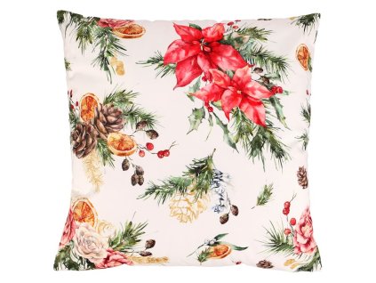 BONTEC Vankúš s výplňou - vianočné kvety a ihličie, zamatový, 45 x 45 cm (Farba Viacfarebná)