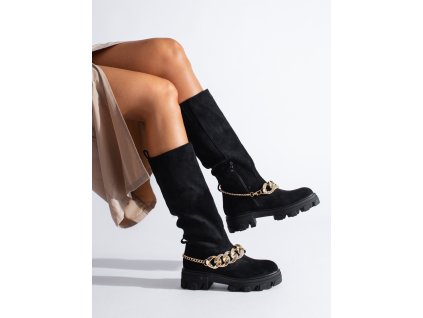 Černé dámské kozačky  se zlatým řetízkem (Velikost 37.5)