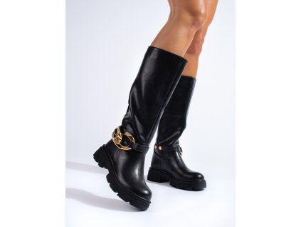 Černé dámské kozačky s řetízkem  z eko kůže (Velikost 37.5)