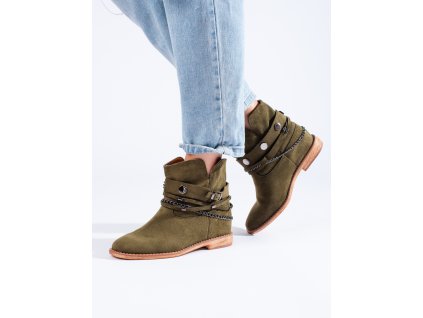 Dámské semišové kotníkové boty kovbojky na klínku Shelovet zelené