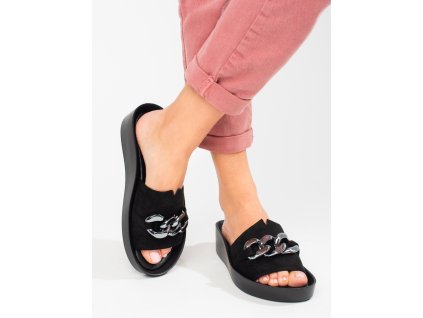 Pohodlné černé dámské pantofle  s řetízkem (Velikost 37.5)