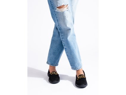 Dámské pohodlné textilní slipony s řetízkem černé (Velikost 37.5)