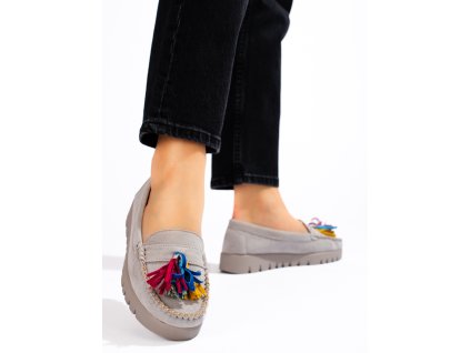 Semišové boho mokasíny se střapci Potocki šedé (Velikost 37.5)