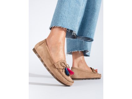 Světle béžové semišové mokasíny boho se střapci (Velikost 37.5)