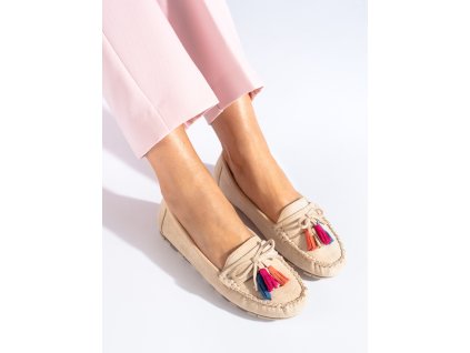 Béžové boho semišové mokasíny se střapci (Velikost 37.5)