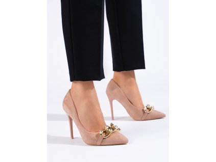 Semišové růžové lodičky s řetízkem Vinceza (Velikost 36)