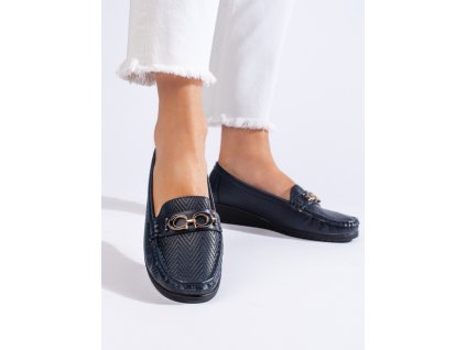 Tmavě modré dámské mokasíny na nízkém klínku (Velikost 36)