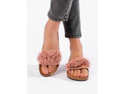 Semišové dámské nazouváky s kytičkami růžové (Velikost 36)