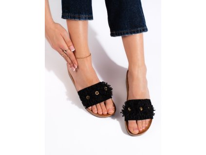 Semišové dámské nazouváky s kytičkami černé (Velikost 36)