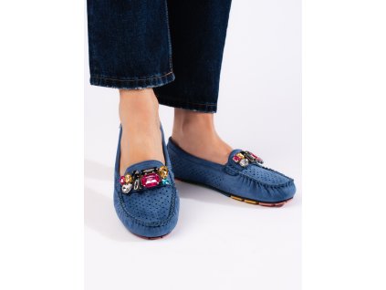 Modré dámské mokasíny dírkované s krystalky (Velikost 36)