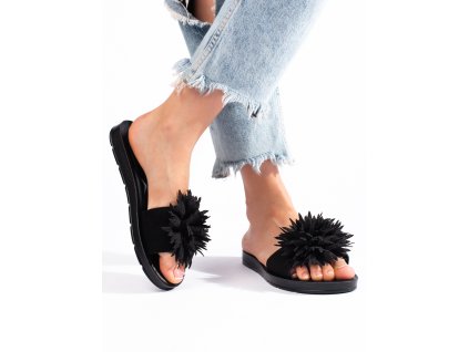 Černé dámské nazouváky s kytkou (Velikost 36)