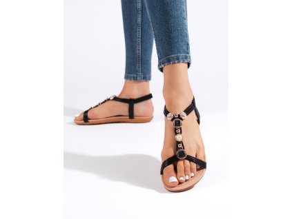 Černé dámské ploché sandály s ozdobami (Velikost 36)