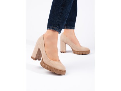 Dámské béžové semišové lodičky na vysokém podpatku (Velikost 36)