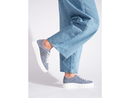 Modré polobotky na platformě ze semišové kůže