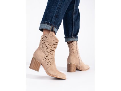Ažurové kotníkové boty kovbojky béžové na sloupku (Velikost 36)