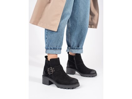 Černé dámské kotníkové boty na podpatku z přírodní kůže nubuk s ozdobnou sponou Sergio Leone (Velikost 36)