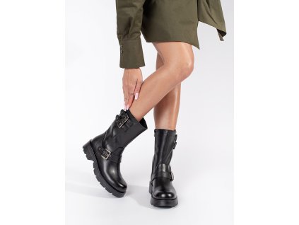 Černé kožené dámské kotníkové boty na platformě zdobené řemínky Sergio Leone