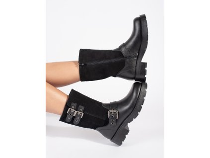 Černé kožené dámské kotníkové boty na platformě zdobené řemínky Sergio Leone (Velikost 36)