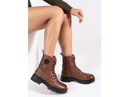 Hnědé šněrovací kožené dámské kotníkové boty na platformě Sergio Leone (Velikost 36)
