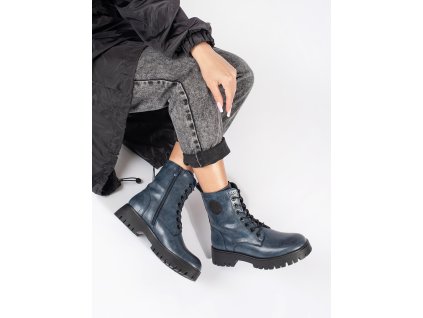 Tmavě modré šněrovací kožené dámské kotníkové boty na platformě Sergio Leone