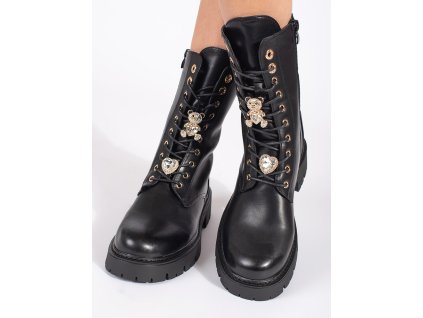 Černé šněrovací kotníkové boty workery na platformě s ozdobami (Velikost 37.5)